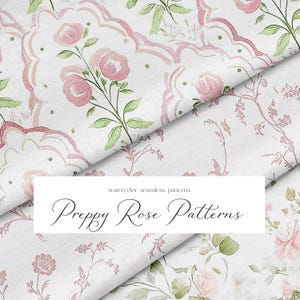 Puede incluir: Patrones sin costuras de acuarela con rosas rosas y hojas verdes sobre un fondo blanco. El texto "Preppy Rose Patterns" se muestra en una pancarta blanca.