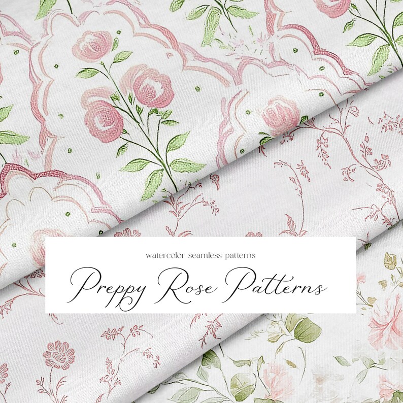 Puede incluir: Patrones sin costuras de acuarela con rosas rosas y hojas verdes sobre un fondo blanco. El texto "Preppy Rose Patterns" se muestra en una pancarta blanca.