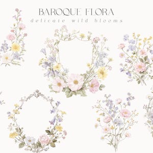 Puede incluir: Arreglos florales en acuarela en colores pastel suaves, incluyendo flores rosas, amarillas y azules. La imagen presenta ramos, coronas y marcos decorativos con el texto "BAROQUE FLORA delicate wild blooms".