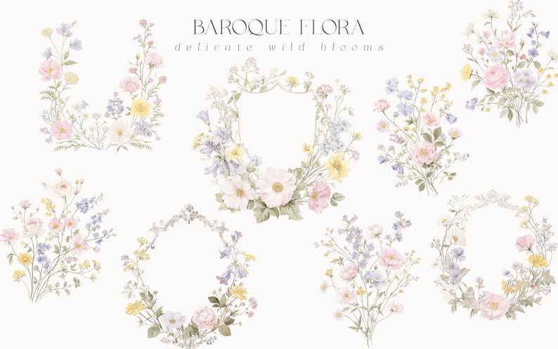 Puede incluir: Arreglos florales en acuarela en colores pastel suaves, incluyendo flores rosas, amarillas y azules. La imagen presenta ramos, coronas y marcos decorativos con el texto "BAROQUE FLORA delicate wild blooms".