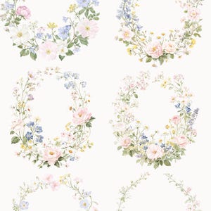 以下が含まれることがあります： ピンク、青、黄色、白の花を使った水彩画の花輪のデザイン。「GARDEN FLORA」と「watercolor wild flowers collection」の文字が上部にあります。