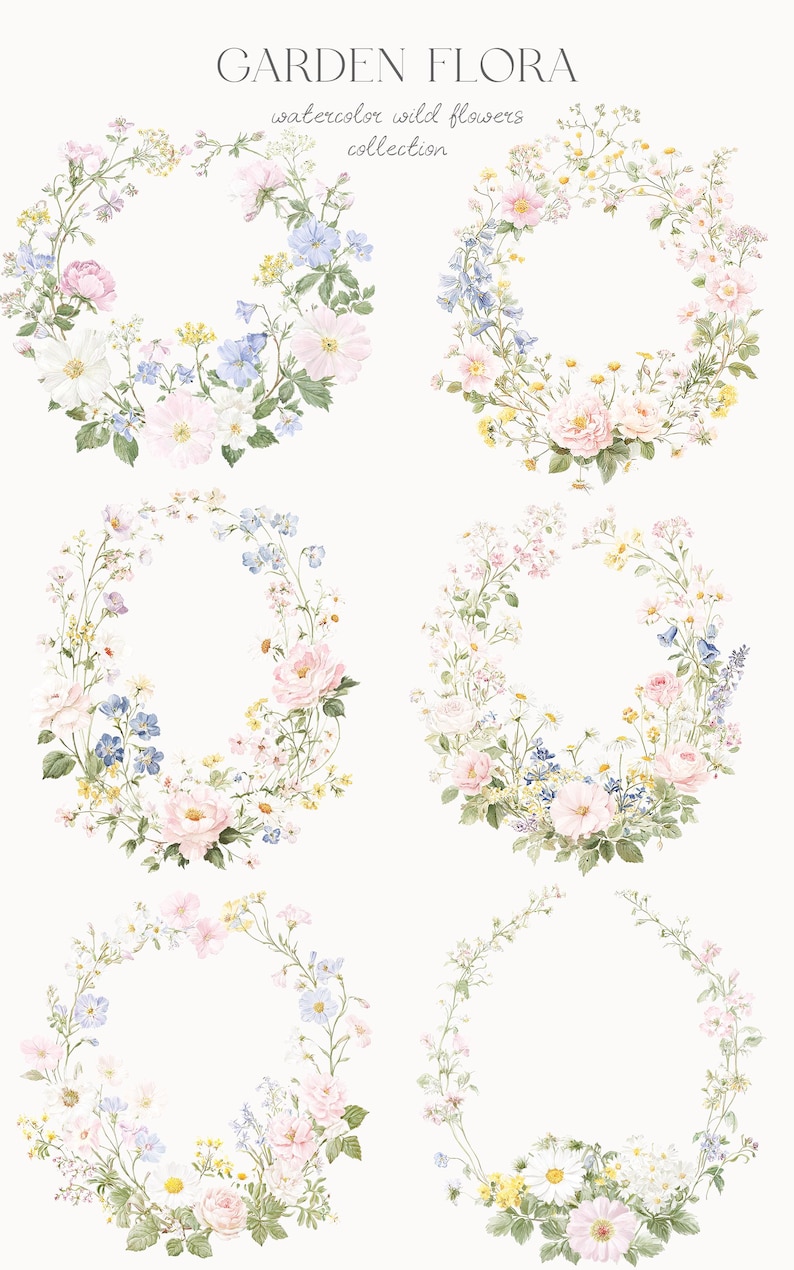 以下が含まれることがあります： ピンク、青、黄色、白の花を使った水彩画の花輪のデザイン。「GARDEN FLORA」と「watercolor wild flowers collection」の文字が上部にあります。