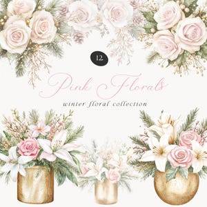 Clipart de arranjo floral rosa aquarela, clipart floral rosa, flores rosas, clipart floral festivo, clipart aquarela, buquês florais