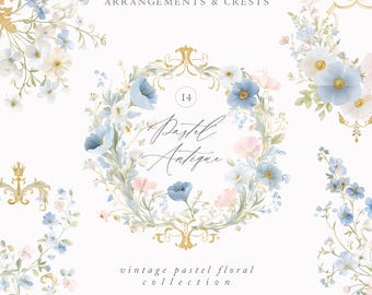 Pastell antik blommig linjekonst - bröllop Clipart - vintage viktoriansk vapensköld - barock Clipart - kunglig prydnadsram - blommig vintage Clipart
