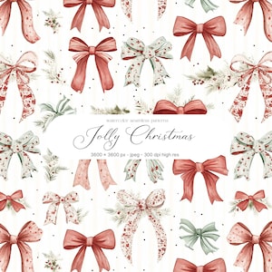 May include: Watercolor seamless pattern featuring a repeating design of red, white, and green bows with floral accents. The words "Jolly Christmas" are displayed in elegant script, along with resolution details.