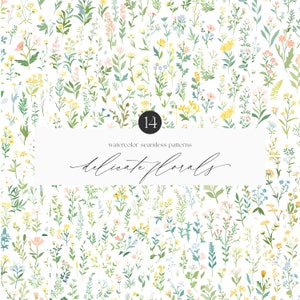 Patrones sin costuras de flores silvestres en acuarela - Flores de acuarela - Papeles digitales - Patrones florales sin costuras - Clipart de verano - Licencia ilimitada