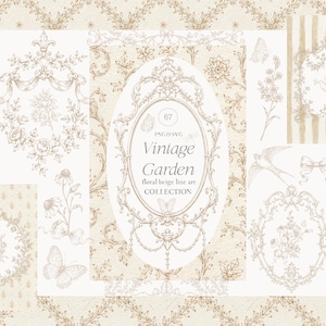 Könnte beinhalten: Eine Sammlung von beigen und braunen Strichzeichnungen mit Blumenmotiven, verzierten Rahmen, Schmetterlingen, Vögeln und Schleifen. Der zentrale ovale Rahmen enthält den Text 67 Vintage Garden floral beige line art COLLECTION.