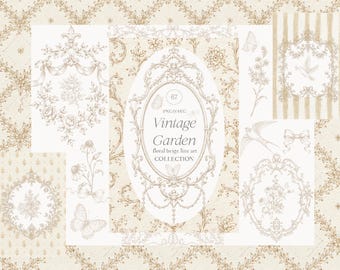 Vintage Garden Beige Clipart Collection - SVG and PNG - Wedding Clipart - Floral Baroque Line Art - Victorian Frame -Royal Ornamental Border