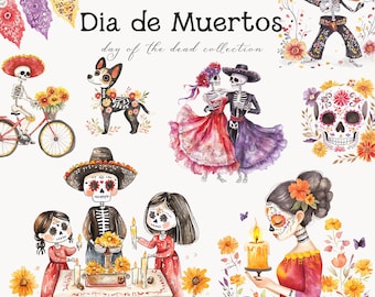 Akwarela Dzień Zmarłych Halloween Clipart - Dia de los Muertos - Meksykańskie Halloween - Meksyk Clipart Akwarela-Catrina Clipart-Czaszka Cukrowa