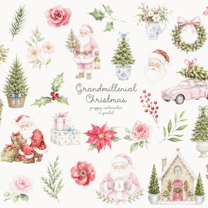 May include: A collection of watercolor illustrations featuring Santa Claus figures, Christmas trees in pots, floral arrangements, holly, poinsettias, a pink car with a tree, a house, and gift boxes, with the text Grandmillenial Christmas preppy watercolor in pastel.