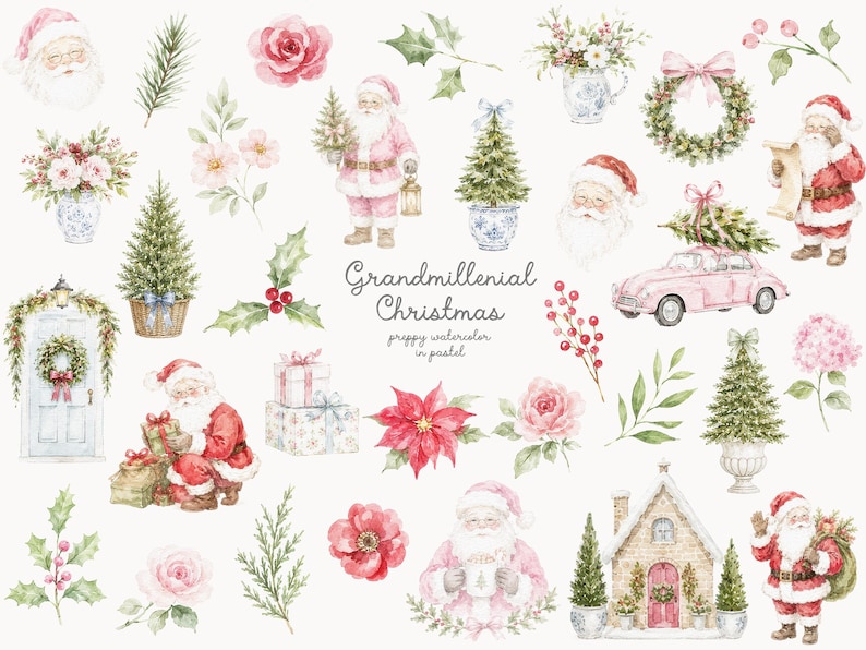 May include: A collection of watercolor illustrations featuring Santa Claus figures, Christmas trees in pots, floral arrangements, holly, poinsettias, a pink car with a tree, a house, and gift boxes, with the text Grandmillenial Christmas preppy watercolor in pastel.