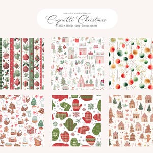 May include: Watercolor Christmas patterns in a variety of designs. Includes patterns with ornaments, houses, mittens, and Christmas trees. The text "Coquette Christmas" is at the top.
