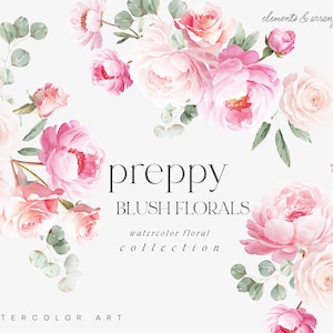 Collection florale aquarelle de fard à joues BCBG - fleurs aquarelles - clipart aquarelle pivoine - clipart preppy - roses preppy clipart aquarelle