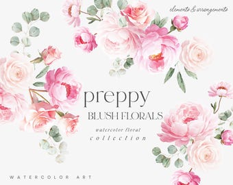Watercolor Preppy Blush Floral Collection - Watercolor Flowers - Peony Watercolor Clipart - Preppy Clipart - Preppy Roses Watercolor Clipart