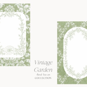 May include: Two vintage-style cards with floral line art. The cards feature a white oval frame with delicate floral designs on a green background. The text "Vintage Garden" and "floral line art COLLECTION" are also visible.