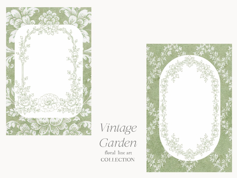 May include: Two vintage-style cards with floral line art. The cards feature a white oval frame with delicate floral designs on a green background. The text "Vintage Garden" and "floral line art COLLECTION" are also visible.
