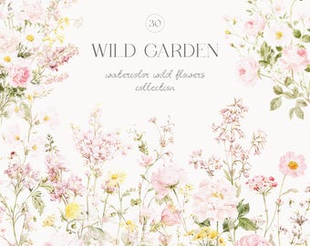 Watercolor Blush Pastel Floral Collection - Wild Flowers Borders - Wild Floral Clipart - Floral Borders - Wedding Clipart