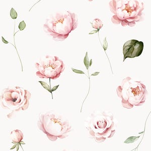May include: A watercolor illustration of blush pink peonies and leaves. The illustration is titled "Blush Peony watercolor floral collection".