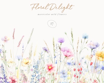 May include: Watercolor illustration of a floral border with a variety of wildflowers in shades of pink, blue, yellow, and white. The border is labeled "Floral Delight watercolor wild flowers" and "17".