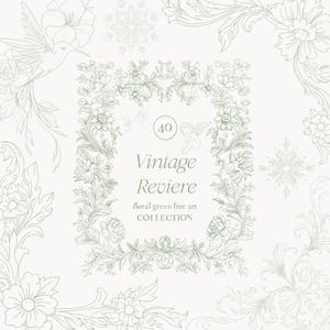 Op de afbeelding: Een lichtgroene bloemenlijnkunstcollectie met een vintage thema. Het ontwerp toont een rechthoekig frame met bloemen en bladeren, en de tekst "Vintage Reviere". Extra bloemen- en kolibrie-illustraties zijn verspreid.