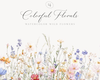 May include: Watercolor border featuring a collection of 14 colorful wildflower illustrations. The border is made up of various flowers in shades of pink, purple, yellow, and white.