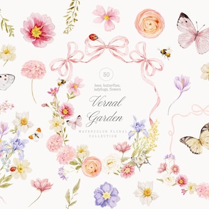 Puede incluir: Colección floral en acuarela con mariposas, abejas, mariquitas y flores en tonos rosa, morado, amarillo y blanco. El texto "Vernal Garden" se muestra con las palabras "Watercolor Floral Collection".
