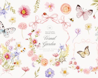 Watercolor Vernal Garden Collection - Wild Flowers - Wedding Clipart - Bows and Ribbons Florals Arrangement