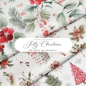 May include: Watercolor seamless patterns featuring a "Jolly Christmas" design. The patterns include red berries, green leaves, and Christmas tree illustrations on a white background. The image text reads "Jolly Christmas".
