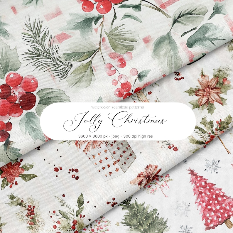 May include: Watercolor seamless patterns featuring a "Jolly Christmas" design. The patterns include red berries, green leaves, and Christmas tree illustrations on a white background. The image text reads "Jolly Christmas".