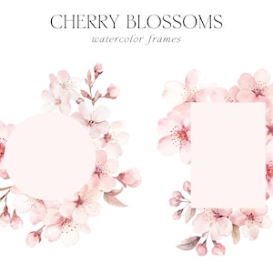 Op de afbeelding: Waterverfillustratie van kersenbloesems gerangschikt rond een cirkel en een rechthoek. De bloemen zijn lichtroze met gele centra en bruine stelen. De tekst "CHERRY BLOSSOMS watercolor frames" staat bovenaan.