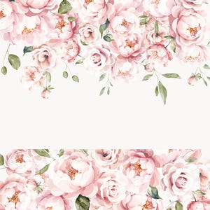 May include: A watercolor illustration of a border of blush pink peonies and greenery. The text "Blush Peony watercolor floral collection" is at the top of the image.