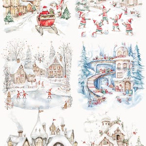 May include: A watercolour illustration of Santa's helpers in a winter wonderland. The illustration features four scenes: Santa's helpers delivering presents, Santa's helpers ice skating, Santa's helpers building a snowman, and Santa's helpers playing in the snow. The illustration is titled "Santa's Helpers" and "watercolor winter collection".