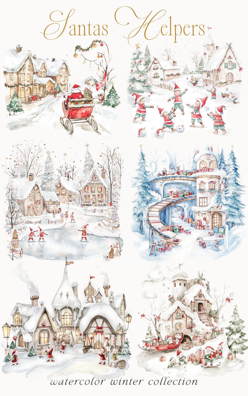 May include: A watercolour illustration of Santa's helpers in a winter wonderland. The illustration features four scenes: Santa's helpers delivering presents, Santa's helpers ice skating, Santa's helpers building a snowman, and Santa's helpers playing in the snow. The illustration is titled "Santa's Helpers" and "watercolor winter collection".