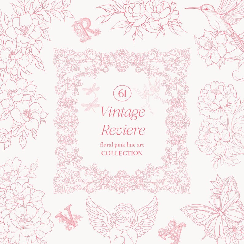 Op de afbeelding: Een verzameling roze bloemenlijnkunst elementen op een cr&egrave;mekleurige achtergrond. Het ontwerp bevat bloemen, een kolibrie, een vlinder, een engel en decoratieve frames. Tekst luidt "Vintage Reviere floral pink line art COLLECTION."