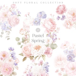 May include: A collection of watercolor floral arrangements in soft pastel colors. The image features various flowers, including roses and peonies, in shades of pink, lavender, and white. The text "Soft Floral Collection" and "Pastel Spring" are also visible.