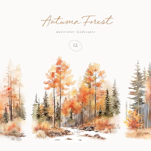 Aquarela Outono Paisagens Florestais - Paisagens de Outono - Clipart de Outono - Clipart de Outono - Clipart de Casamento - Paisagens - Paisagens Florestais