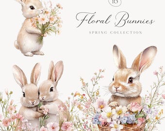 Puede incluir: Dos ilustraciones de acuarela de conejos rodeados de flores. Un conejo sostiene un ramo de flores, y los otros dos conejos están sentados en una cesta de flores. El texto "Floral Bunnies Spring Collection" está en la parte superior de la imagen.