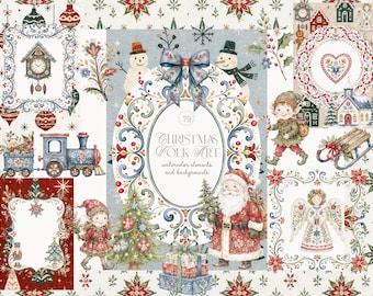 Christmas Folk Art Bundle - Frames - Scandinavian Holiday - Winter PNG - Digital Papers - Backgrounds - Premade Cards
