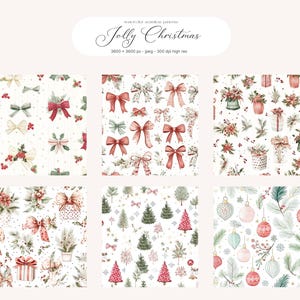 May include: Watercolor seamless patterns with a Christmas theme. The patterns feature bows, gifts, Christmas trees, ornaments, and floral arrangements in red, green, and white. The text "Jolly Christmas" is at the top.
