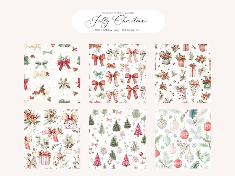 May include: Watercolor seamless patterns with a Christmas theme. The patterns feature bows, gifts, Christmas trees, ornaments, and floral arrangements in red, green, and white. The text "Jolly Christmas" is at the top.