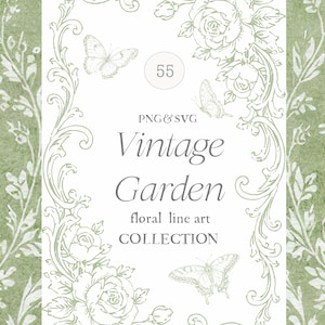 May include: A digital design featuring a white rectangular frame with floral and butterfly illustrations on a green background. The text "Vintage Garden" and "floral line art COLLECTION" are displayed within the frame.