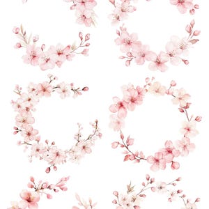 Op de afbeelding: Waterverfillustraties van kersenbloesemkransen in verschillende arrangementen. De kransen hebben delicate roze bloemen, knoppen en groene stelen. De tekst "CHERRY BLOSSOMS watercolor wreaths" staat bovenaan.