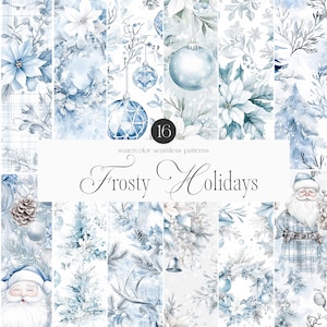 Peut inclure: Un ensemble de 16 motifs sans couture aquarelle sur le thème des fêtes d'hiver. Les motifs comprennent des flocons de neige, des branches de pin, des ornements et un Père Noël. Les motifs sont dans des tons de bleu et de blanc.