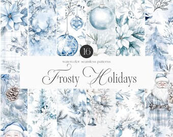May include: A set of 16 watercolour seamless patterns featuring a winter holiday theme. The patterns include snowflakes, pine branches, ornaments, and a Father Christmas figure. The patterns are in shades of blue and white.