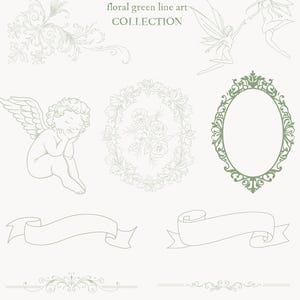 Op de afbeelding: Een verzameling vintage-stijl bloemen groene lijnkunst elementen. Bevat illustraties van fee&euml;n, cherubs, ovale frames, banners en decoratieve randen. De tekst luidt "Vintage Reviere" en "floral green line art COLLECTION".