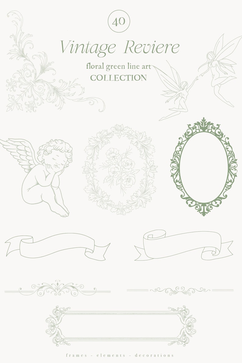 Op de afbeelding: Een verzameling vintage-stijl bloemen groene lijnkunst elementen. Bevat illustraties van fee&euml;n, cherubs, ovale frames, banners en decoratieve randen. De tekst luidt "Vintage Reviere" en "floral green line art COLLECTION".