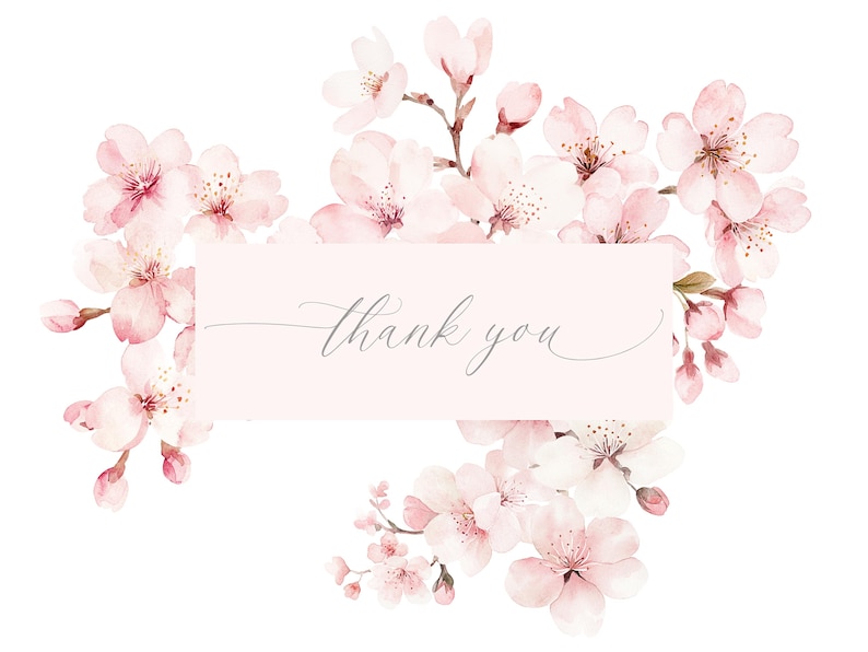 Op de afbeelding: Watercolour illustratie van roze kersenbloesems rond een lichtroze rechthoek met de woorden "thank you" in cursief schrift. De bloemen hebben delicate bloemblaadjes tegen een witte achtergrond.