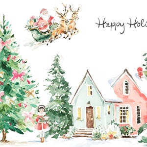 May include: Watercolor illustration of a Christmas scene with a decorated tree, houses, and Santa Claus in a sleigh pulled by reindeer. The text "Happy Holidays" is written in cursive.