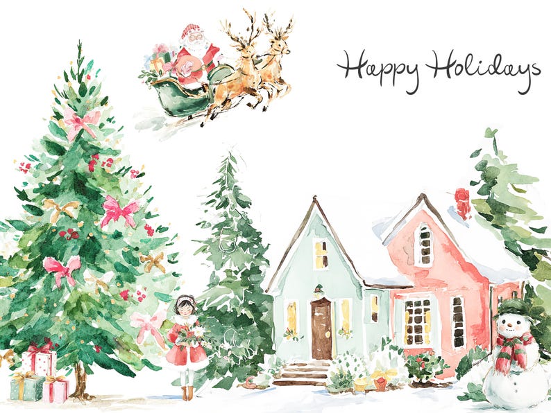 May include: Watercolor illustration of a Christmas scene with a decorated tree, houses, and Santa Claus in a sleigh pulled by reindeer. The text "Happy Holidays" is written in cursive.