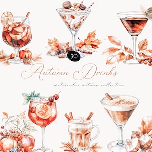 Clipart di bevande autunnali - Clipart di bevande ad acquerello - Cocktail autunnali - Clipart di cocktail - Bevande calde autunnali - Bevande accoglienti - Clipart autunnale